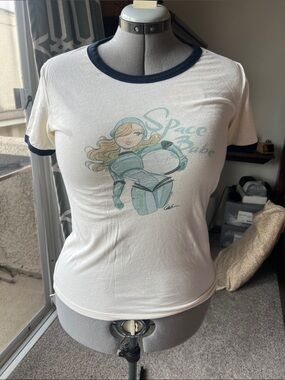 Space Babe Retro Ringer Tee - White with Navy Trim